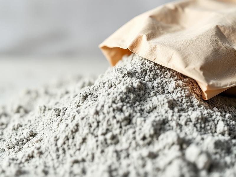 Close-up of grey cement powder and cement bag