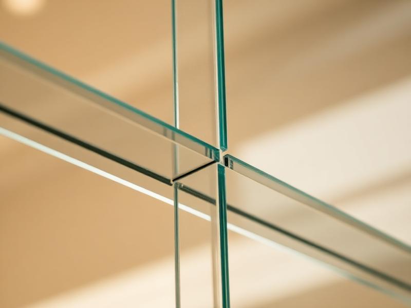 Close-up of architectural glass panels with reflections
