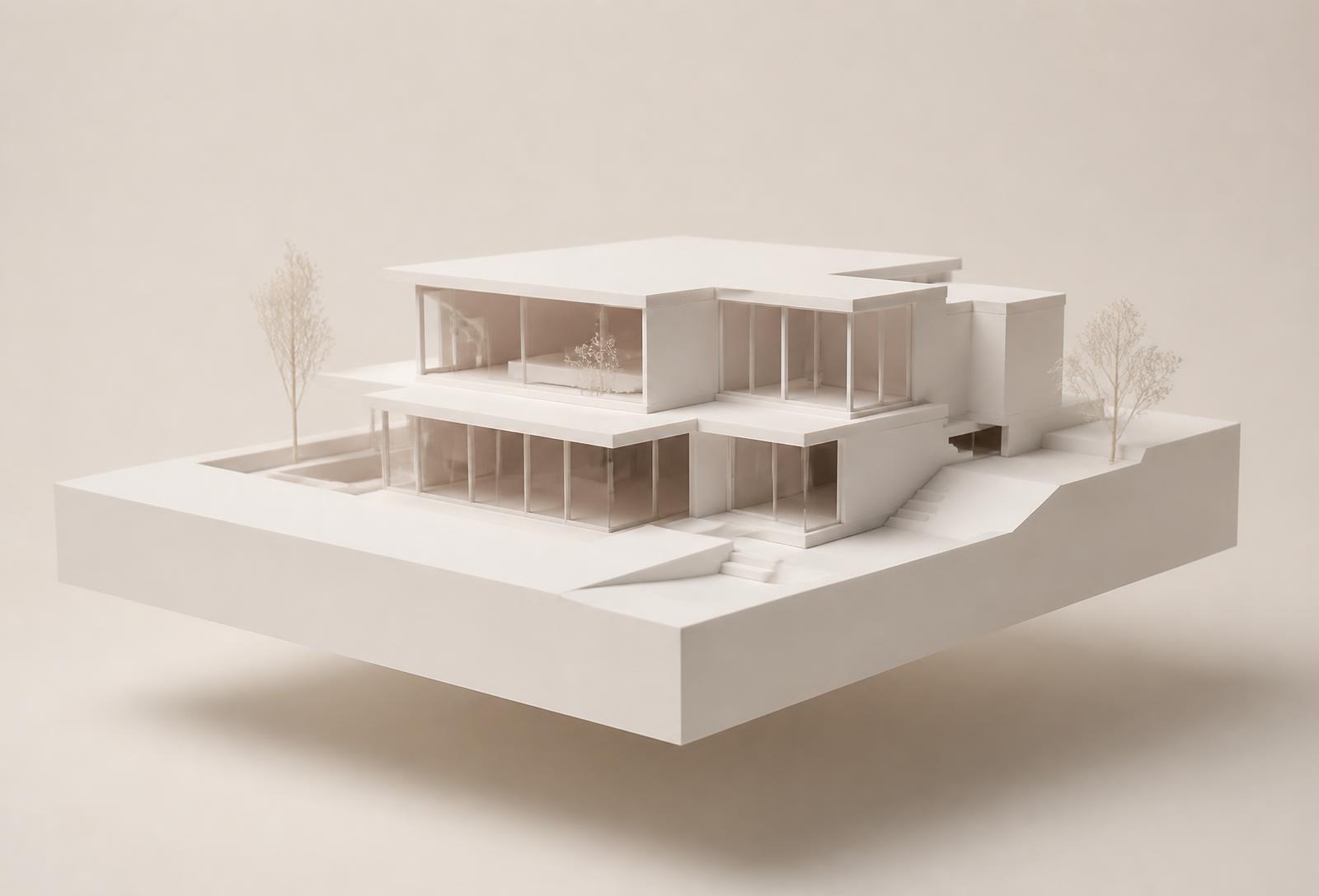 White architectural scale model of a modern villa