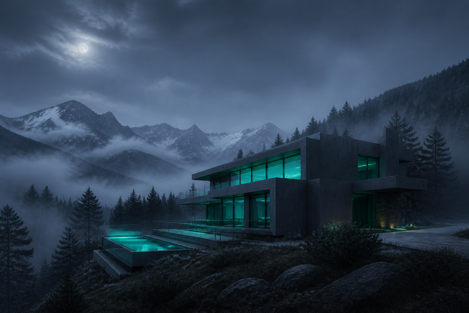 Modern villa in mountain mist at night
