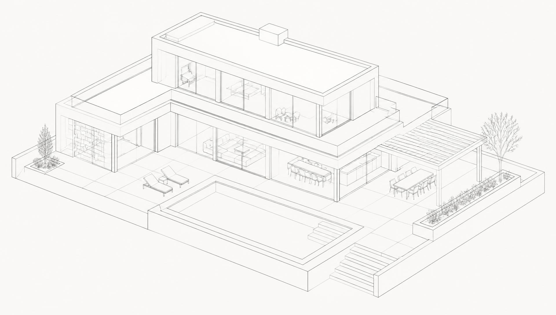 Isometric architectural wireframe of a modern villa with pool