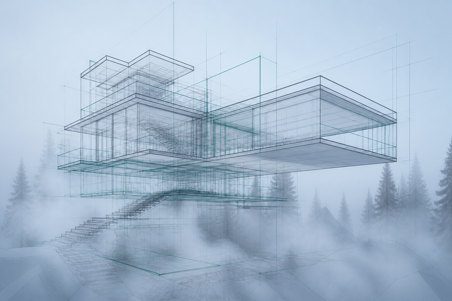 Isometric architectural wireframe of a modern villa with pool